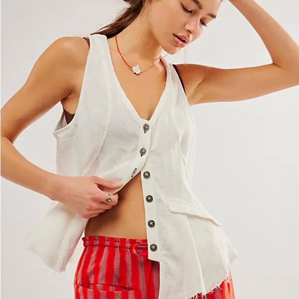 Free People laruso linen White Button-Up Sleeveless Top Vest- L